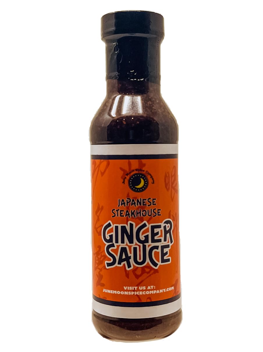 June Moon Ginger Sauce bottle pour highlights zesty ginger for grilling.