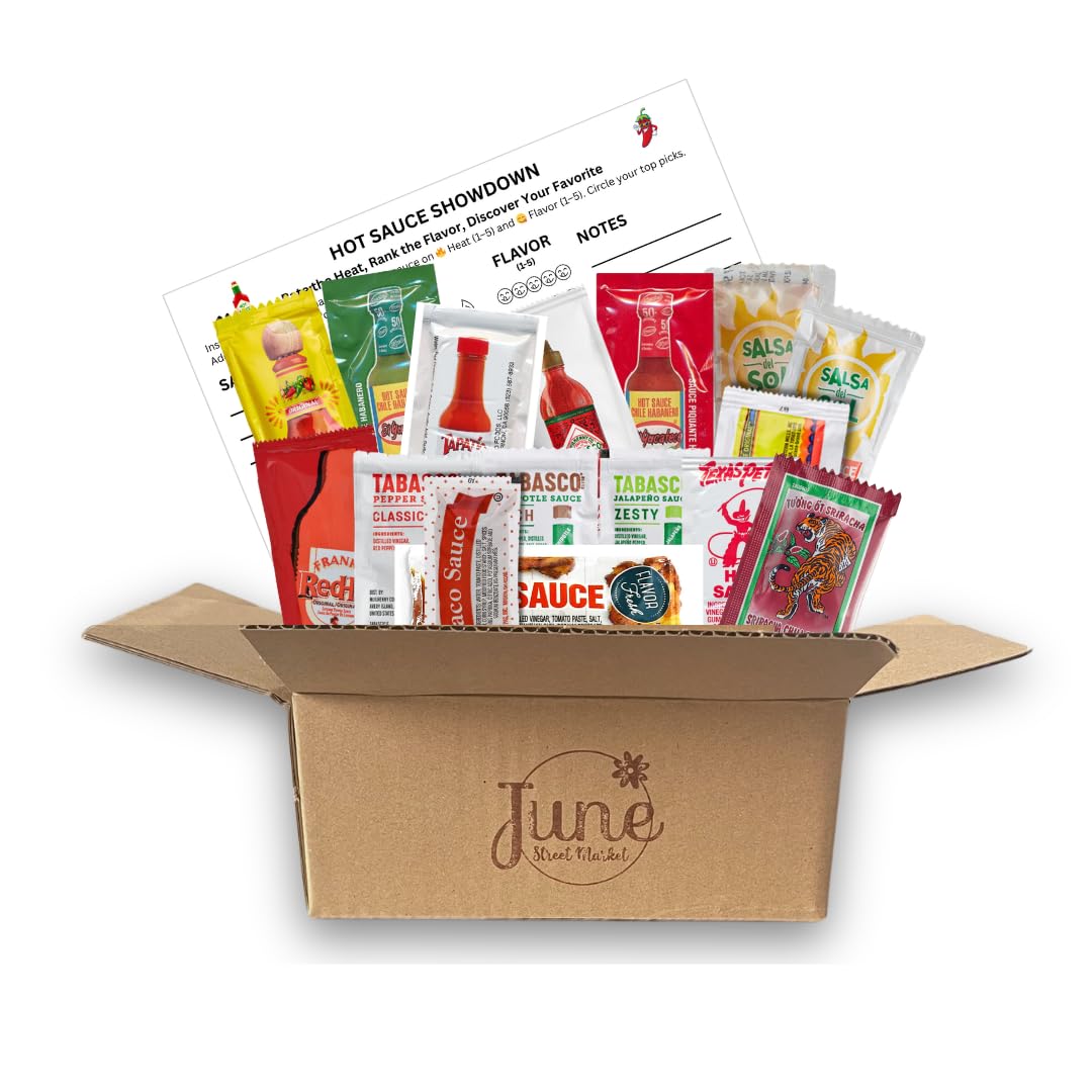 June Street Market hot sauce variety 40 packets in a gift box for easy flavor exploration