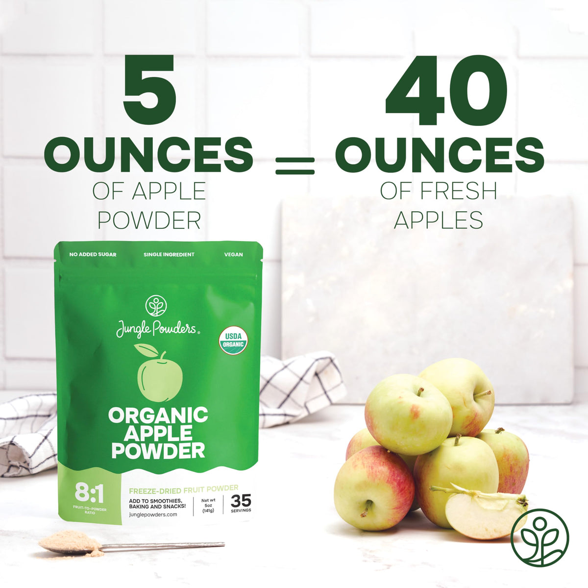 Jungle Powders apple powder in a smoothie glass demonstrating convenient nutrition boost.