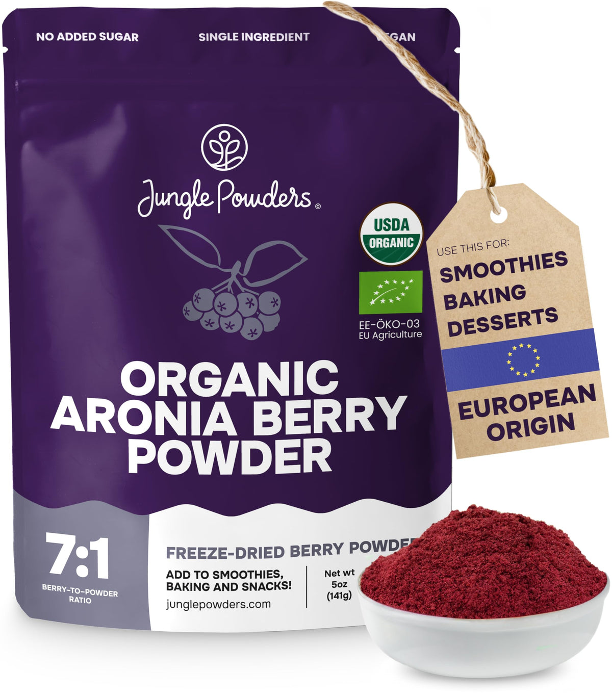 Jungle Powders aronia powder bag for smoothies and bowls.