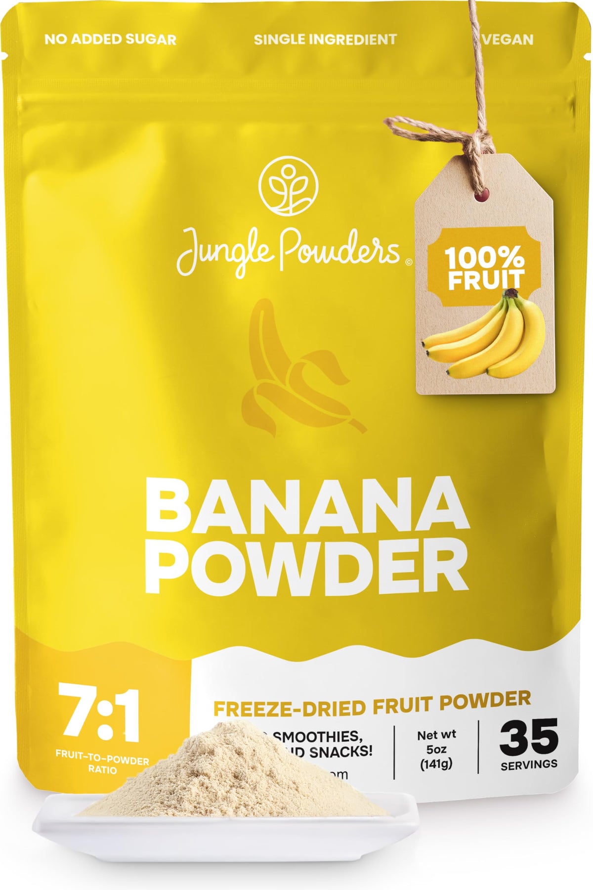 Jungle Powders Banana Powder bottle front highlights pure, shelf-stable banana flavor for smoothies.