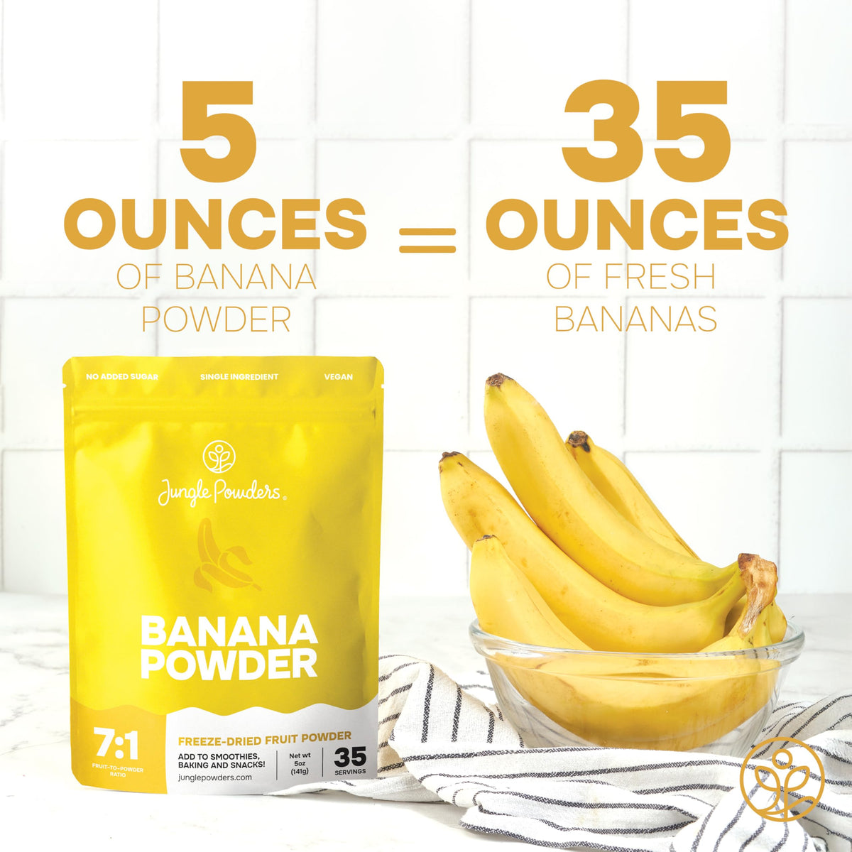 Scoop dispenses banana powder into smoothies for natural flavor and color.