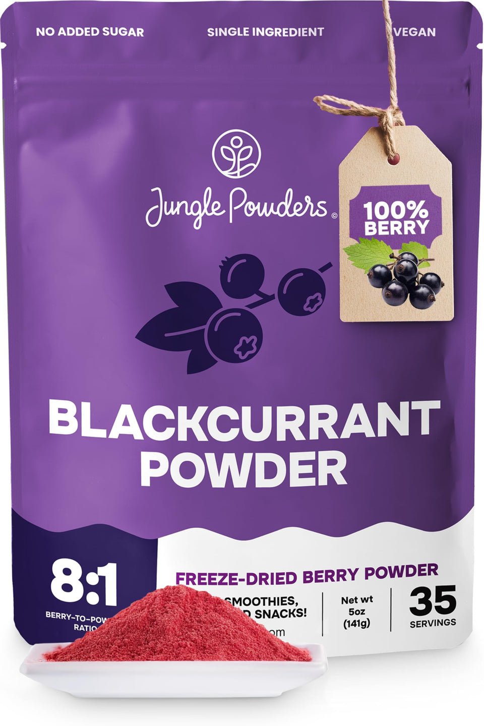 Jungle Powders Black Currant Powder bag ready for smoothies and baking.