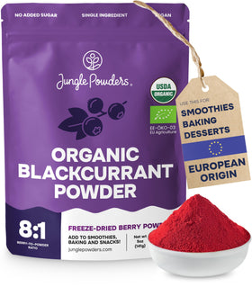 Jungle Powders Black Currant Powder bottle, ideal for smoothies and baking.