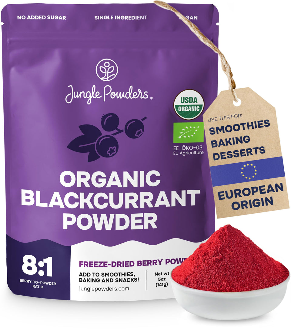 Jungle Powders Black Currant Powder bottle, ideal for smoothies and baking.