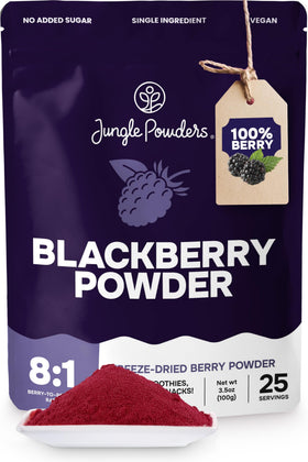 Jungle Powders Blackberry Powder bag shows rich purple color great for smoothies