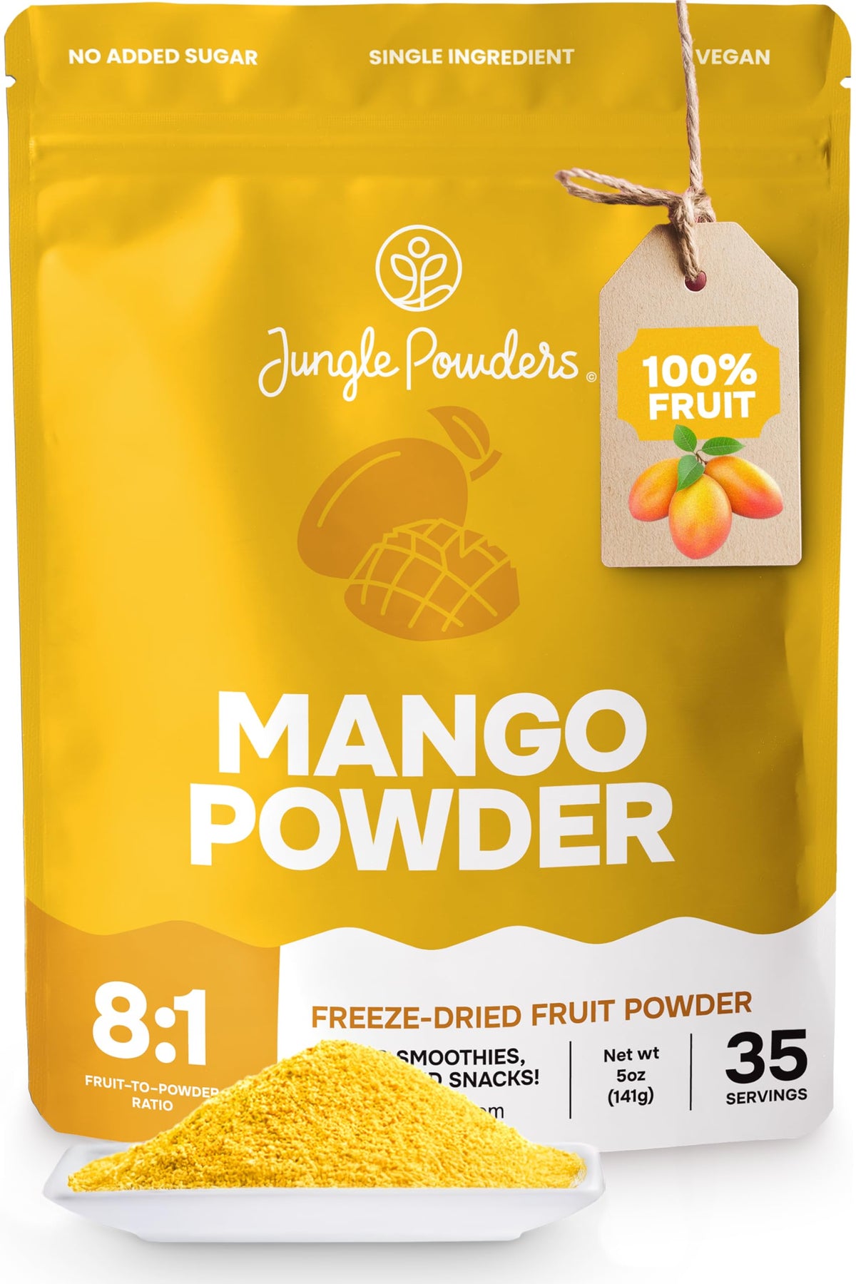 Jungle Powders freeze-dried mango powder in a 5oz bag boosts smoothies with real fruit flavor.