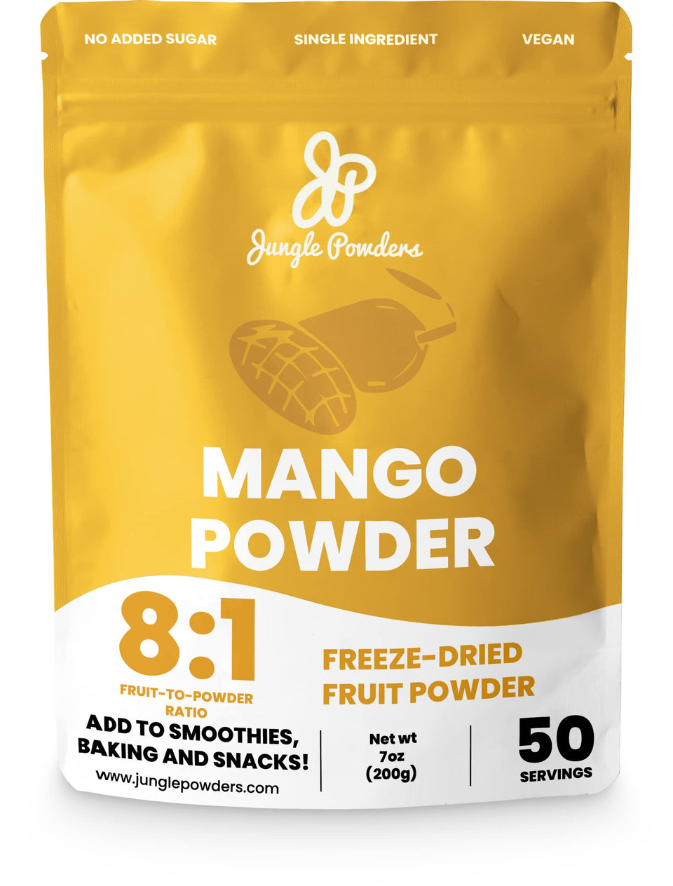 Jungle Powders mango powder bag highlighting shelf-stable flavor for baking and snacking