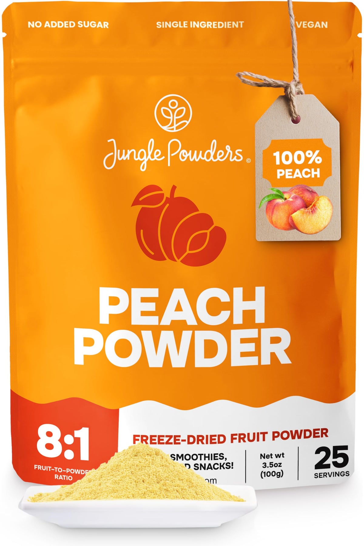 Jungle Powders Freeze Dried Peach Powder in a jar enhances natural peach flavor for baking.