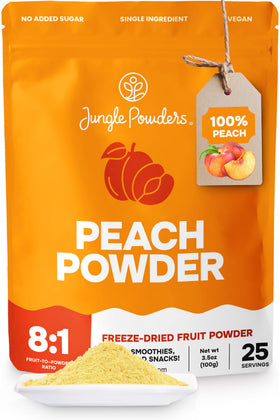 Jungle Powders Freeze Dried Peach Powder in a jar enhances natural peach flavor for baking.