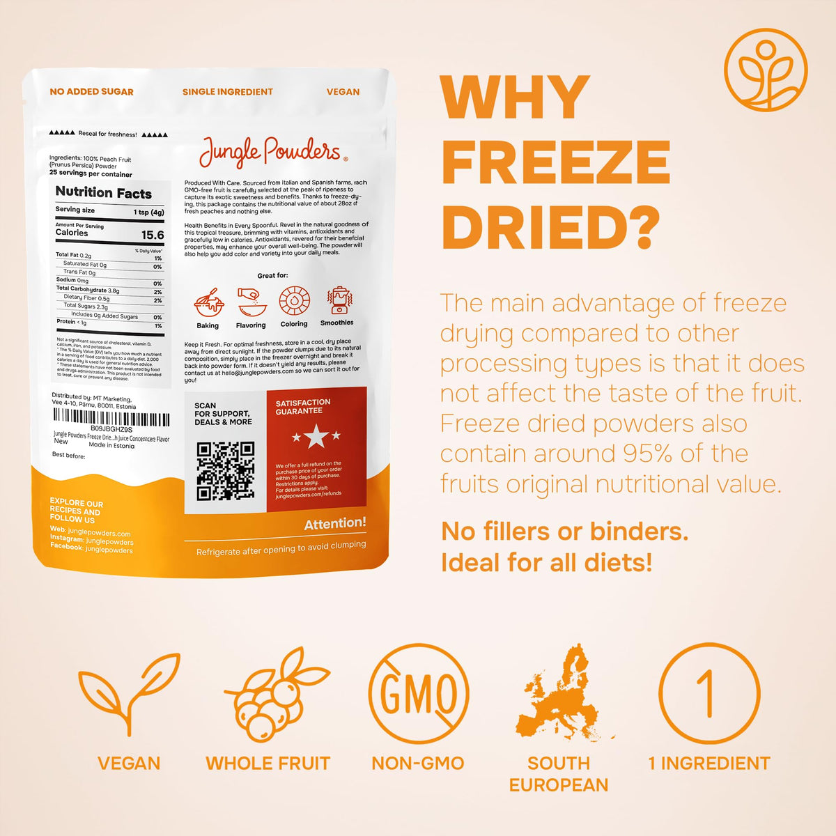 Jungle Powders Freeze-dried peaches texture enhances snacks and porridge color.
