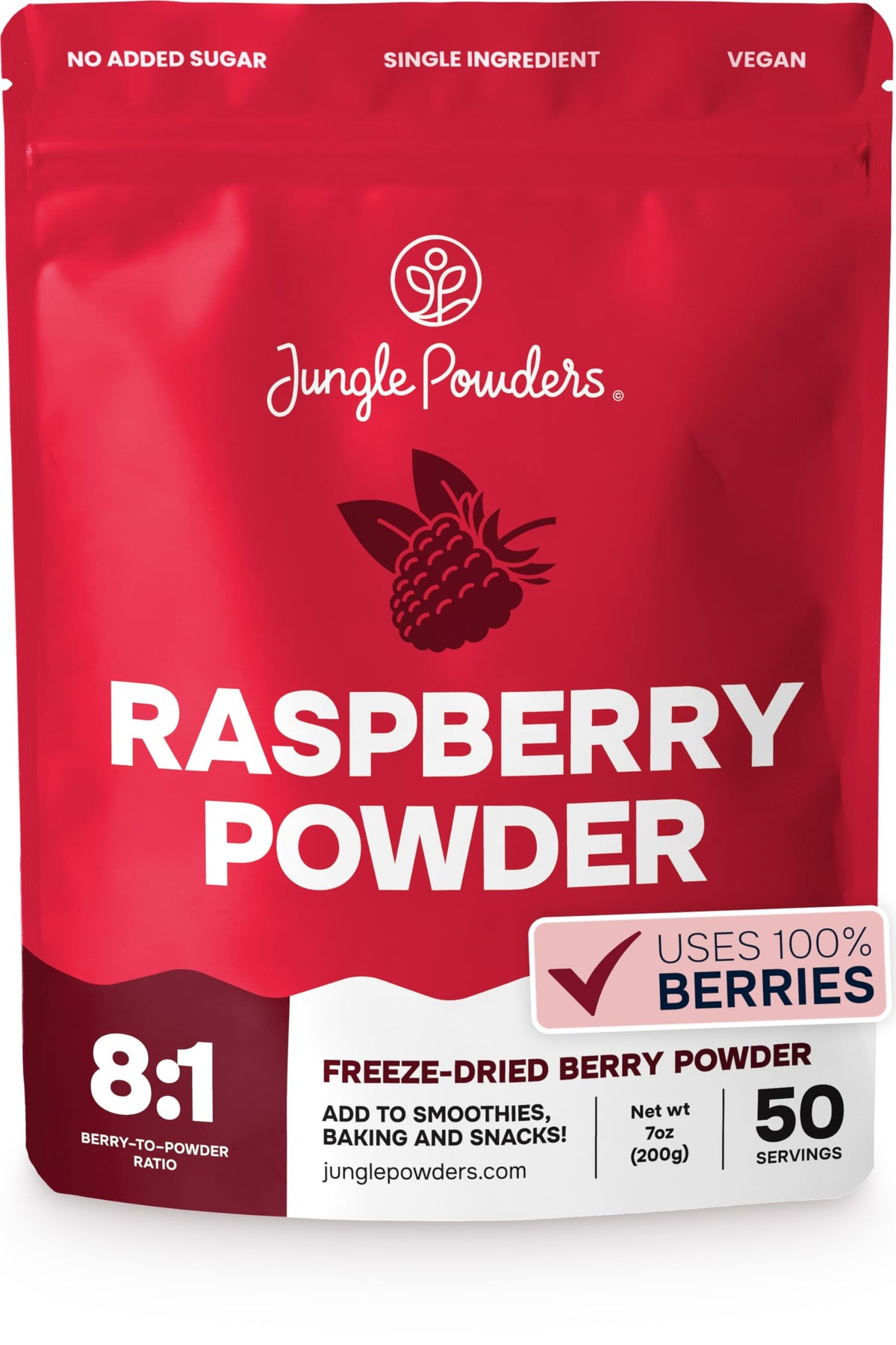 Jungle Powders freeze-dried raspberry powder bag ready for baking and flavor boost