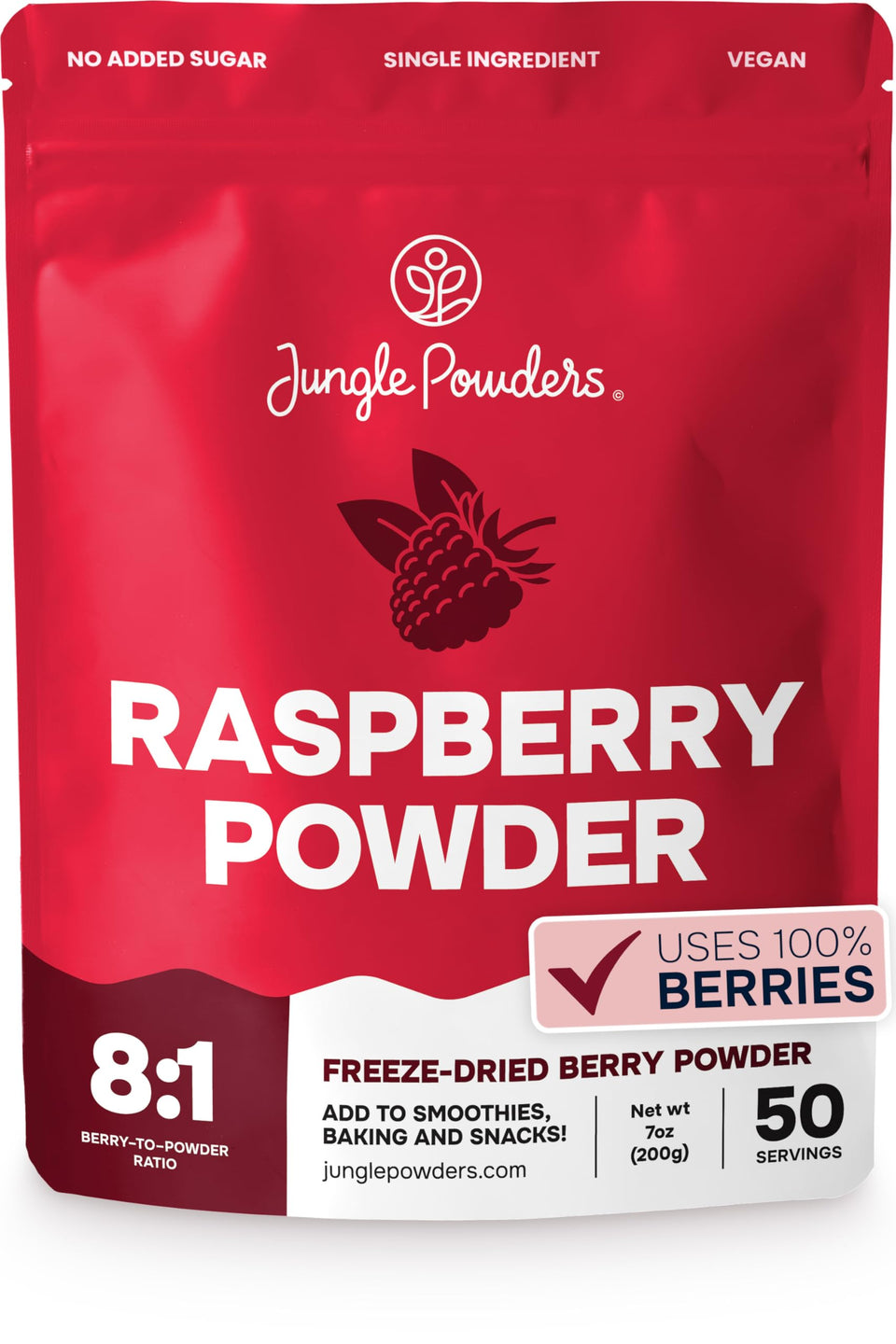Jungle Powders freeze-dried raspberry powder bag ready for baking and flavor boost