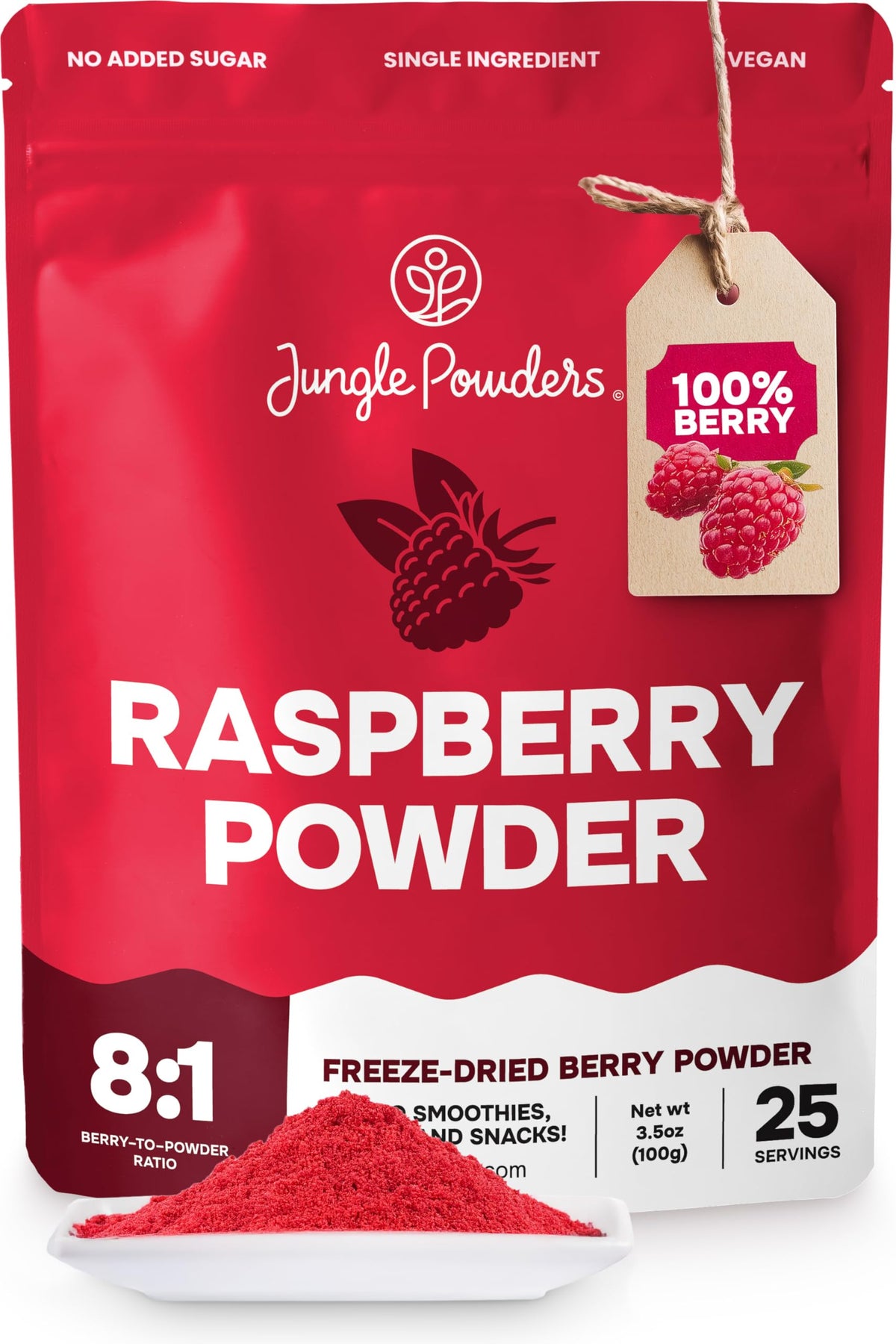 Jungle Powders Raspberry Powder bag front view showing freeze-dried fruit