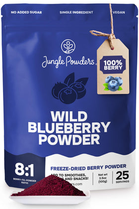 Jungle Powders Freeze Dried Wild Blueberry Powder bag shows vibrant color and purity for recipes