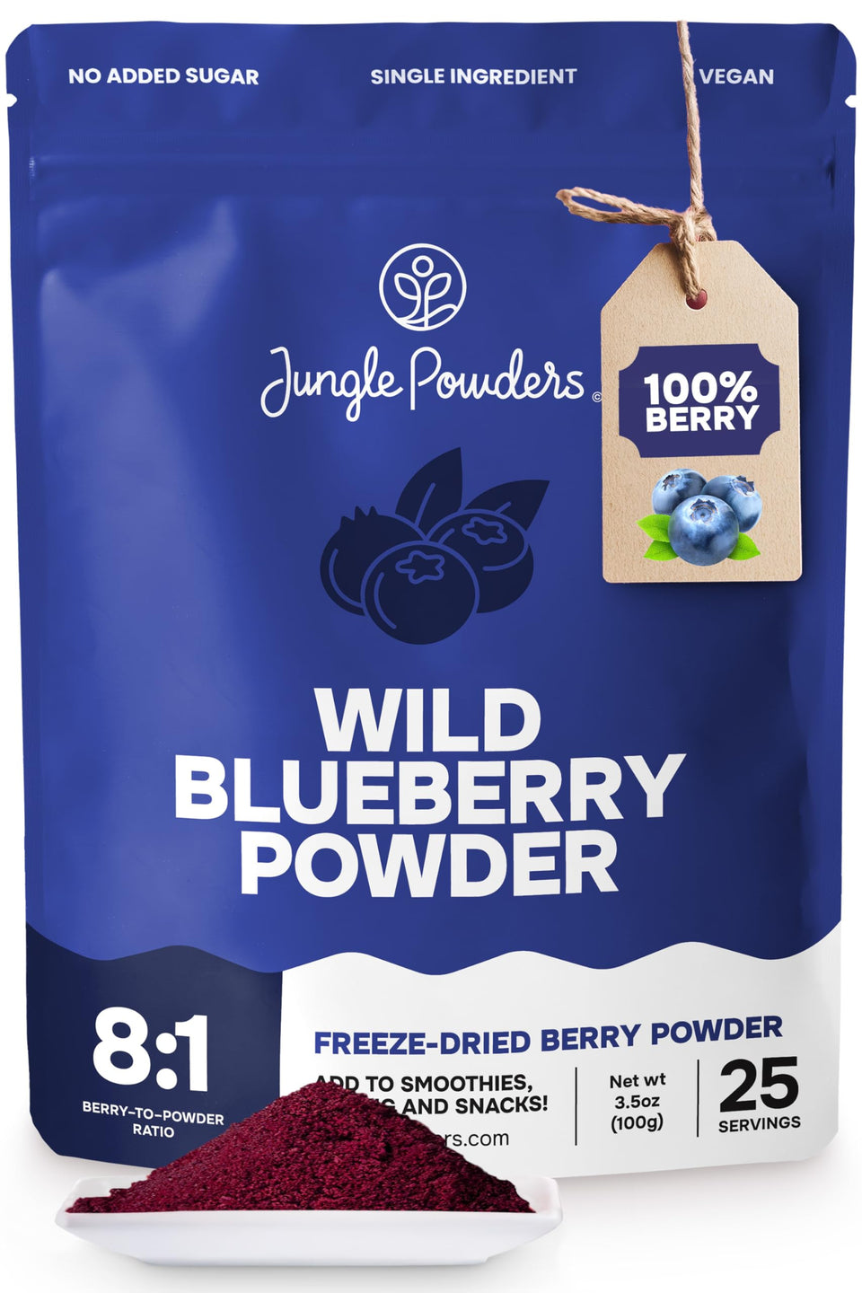 Jungle Powders Freeze Dried Wild Blueberry Powder bag shows vibrant color and purity for recipes