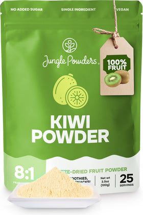 Jungle Powders Kiwi Powder packaging close-up highlighting unsweetened whole-fruit flavor.