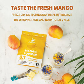 Jungle Powders mango powder jar on kitchen counter