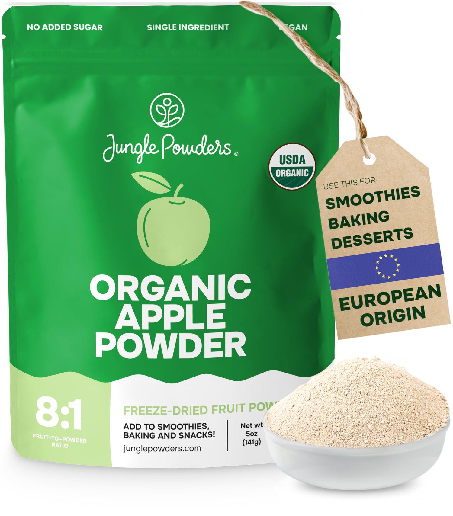 Jungle Powders Organic Apple Powder bag close-up highlighting natural flavor.