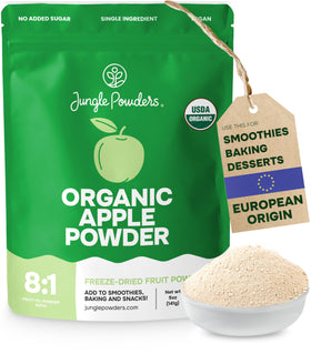 Jungle Powders Organic Apple Powder bag close-up highlighting natural flavor.