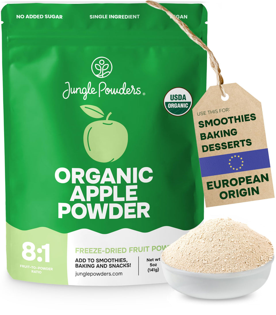 Jungle Powders Organic Apple Powder bag close-up highlighting natural flavor.