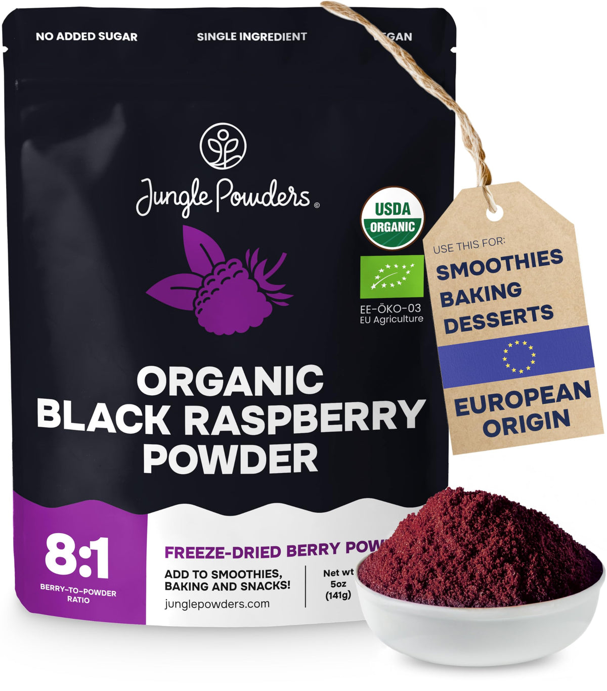 Jungle Powders Organic Black Raspberry Powder bag on kitchen counter for baking