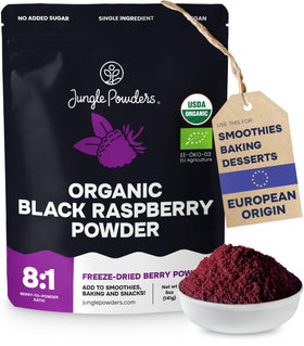 Jungle Powders Organic Black Raspberry Powder bag on kitchen counter for baking