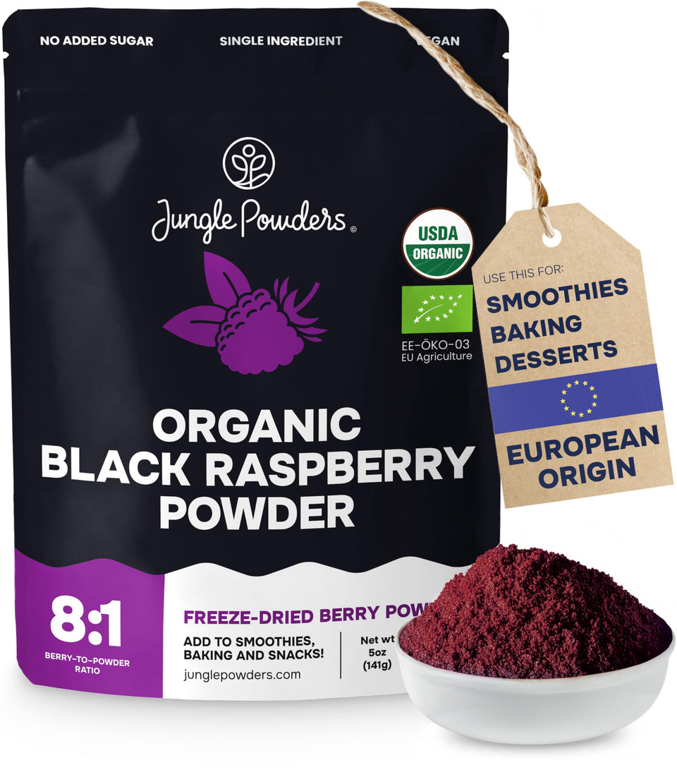 Jungle Powders Organic Black Raspberry Powder bag on kitchen counter for baking