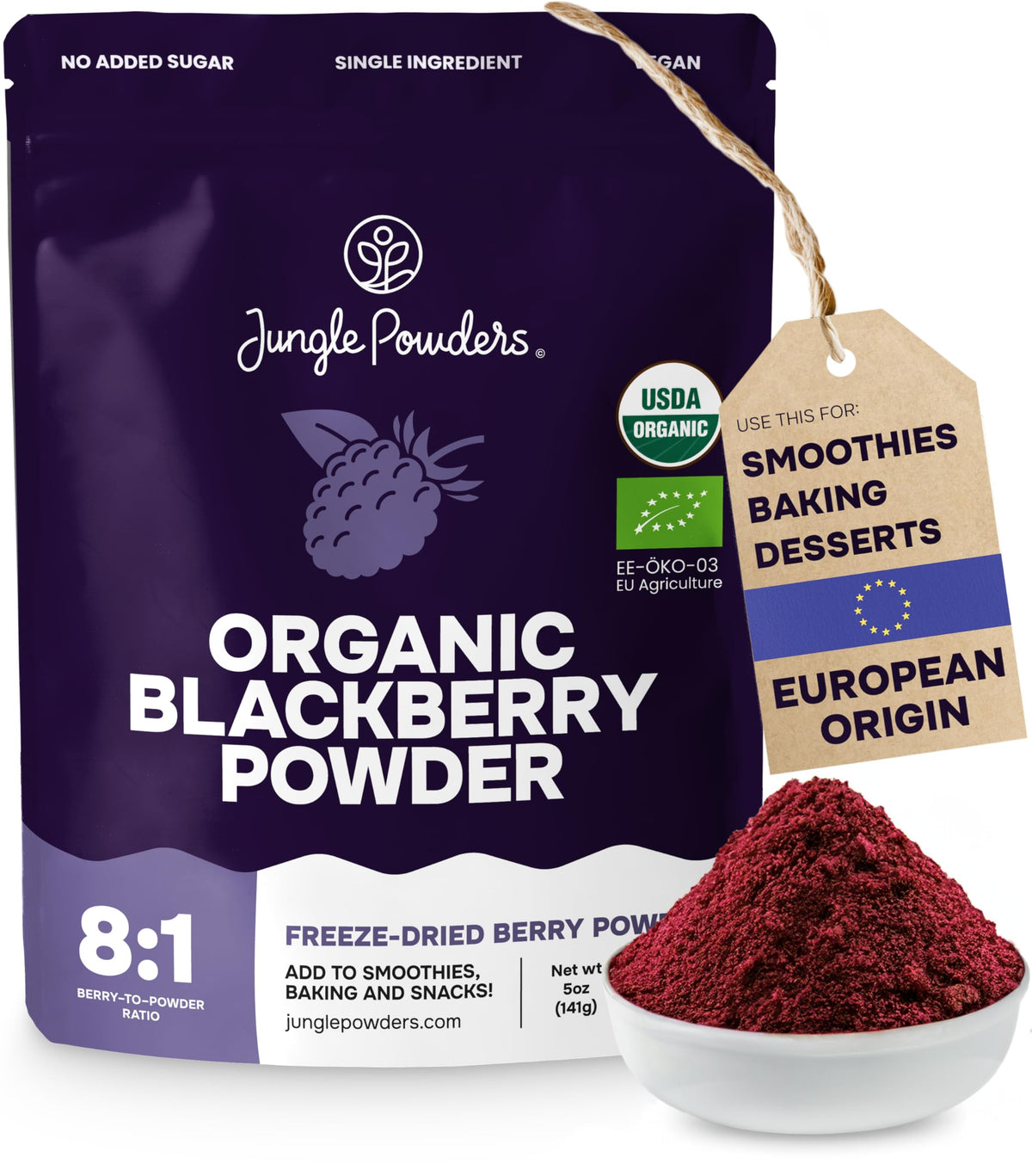 Jungle Powders Organic Blackberry Powder bag ready for baking