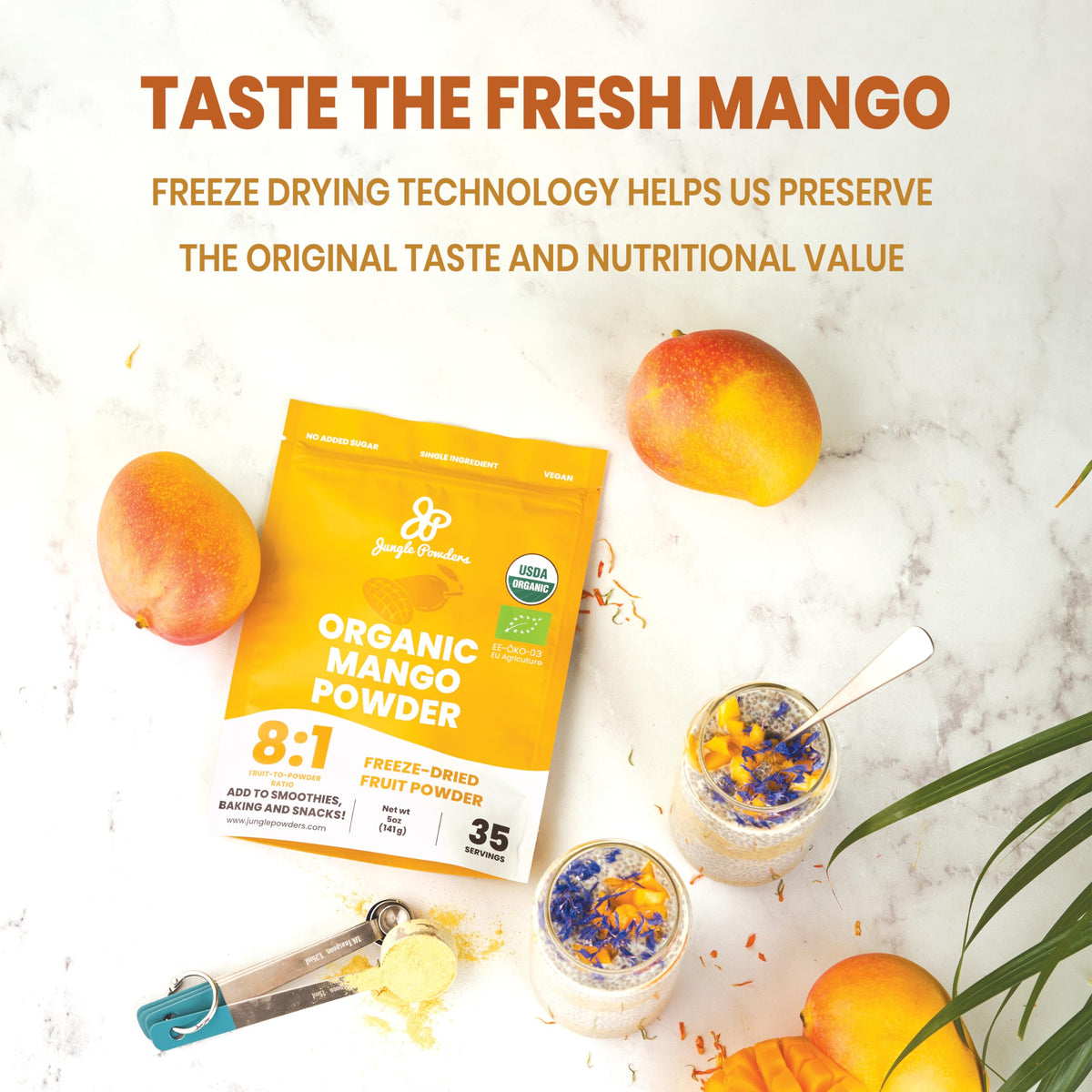 Jungle Powders Organic Mango Powder scoop-dispense enables quick flavor boosts in drinks