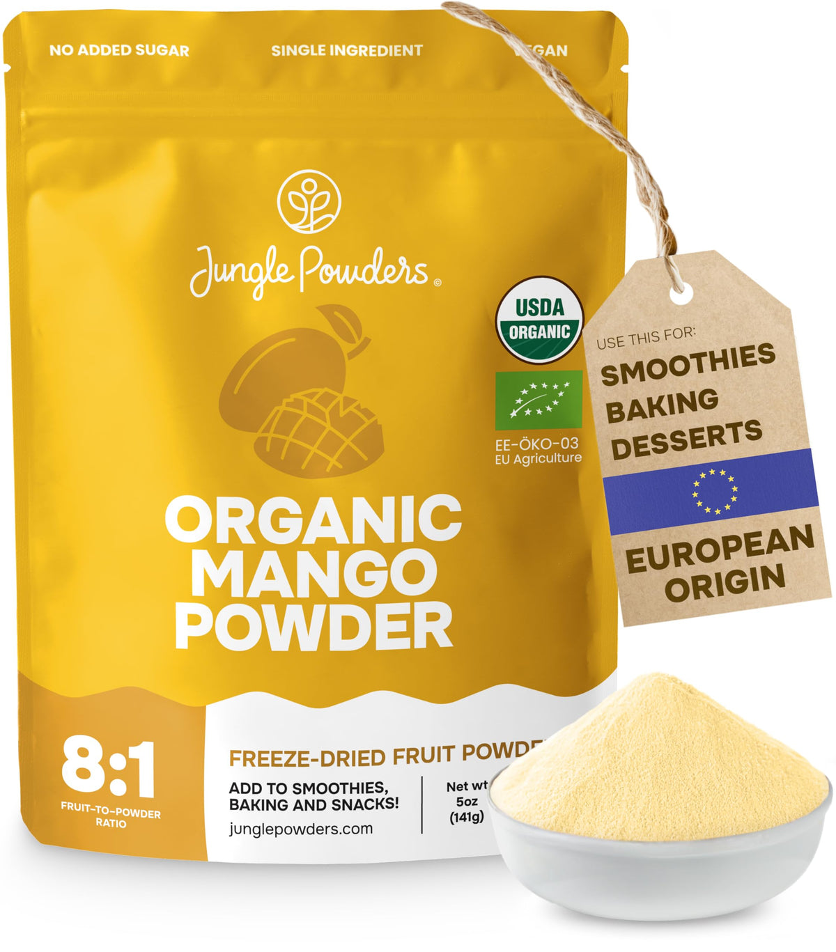 Jungle Powders Organic Mango Powder in standup bag for easy pantry access and recipe mixing