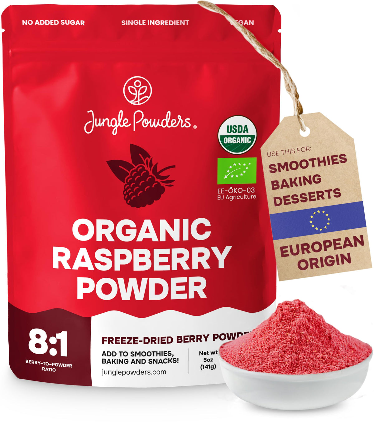 Jungle Powders Organic Raspberry Powder in bag, vivid color for smoothies and baking.