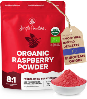 Jungle Powders Organic Raspberry Powder in bag, vivid color for smoothies and baking.