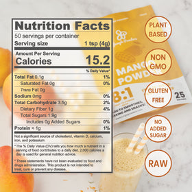 Open packaging of Jungle Powders mango powder emphasizing no sugar added