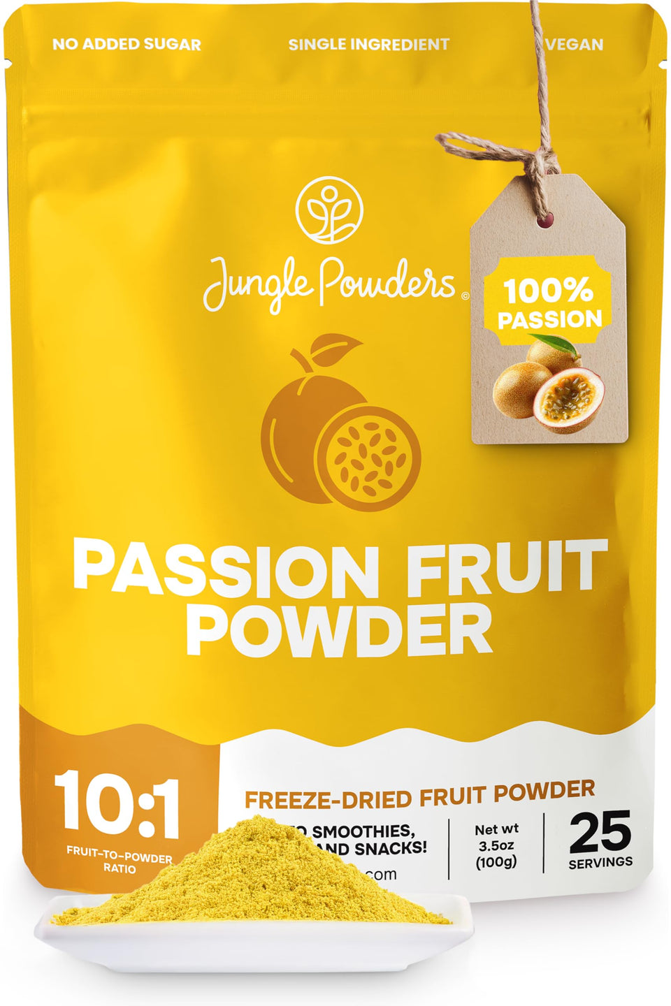 Jungle Powders passion fruit powder bottle with 3.5oz packaging for easy use.