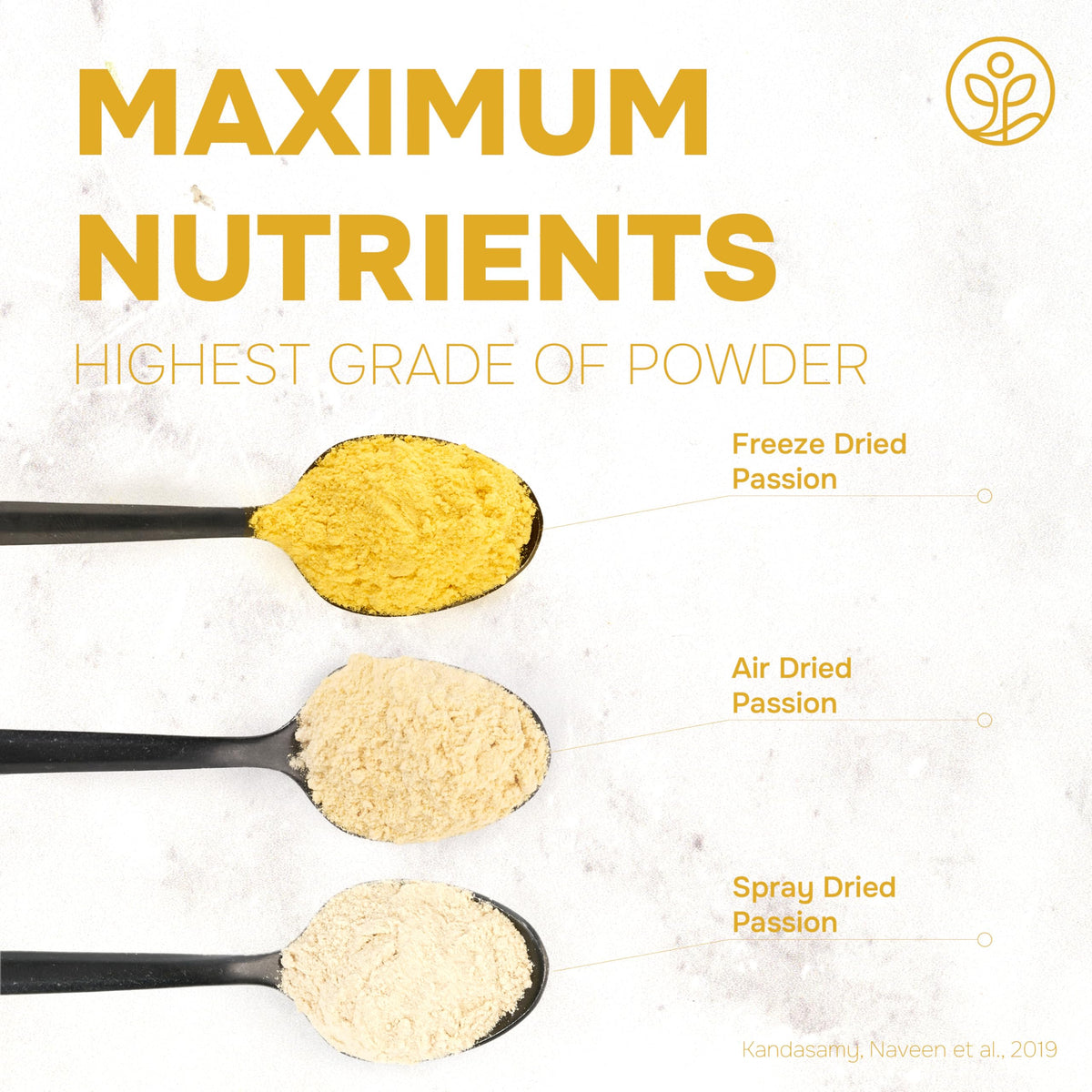 Spoon scooping Jungle Powders passion fruit powder for smoothies and yogurt.