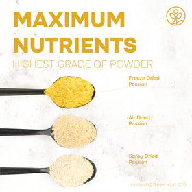 Spoon scooping Jungle Powders passion fruit powder for smoothies and yogurt.