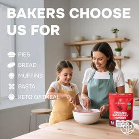 Jungle Powders organic raspberry powder in measuring cup for desserts.