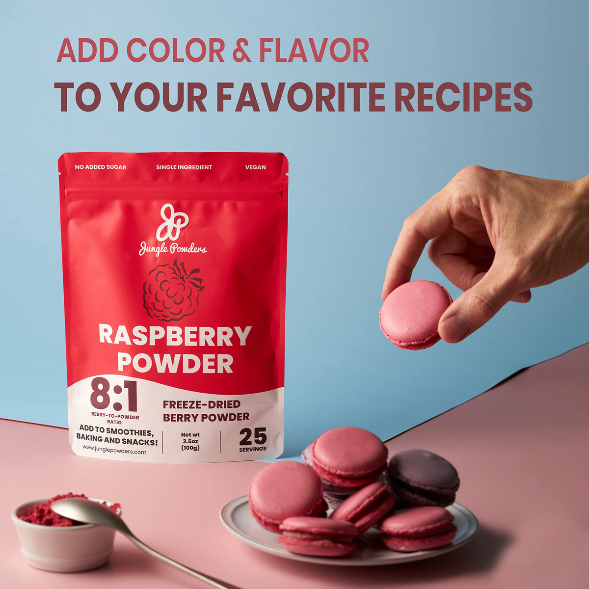 Jungle Powders raspberry powder scoop showing precise measuring for recipes