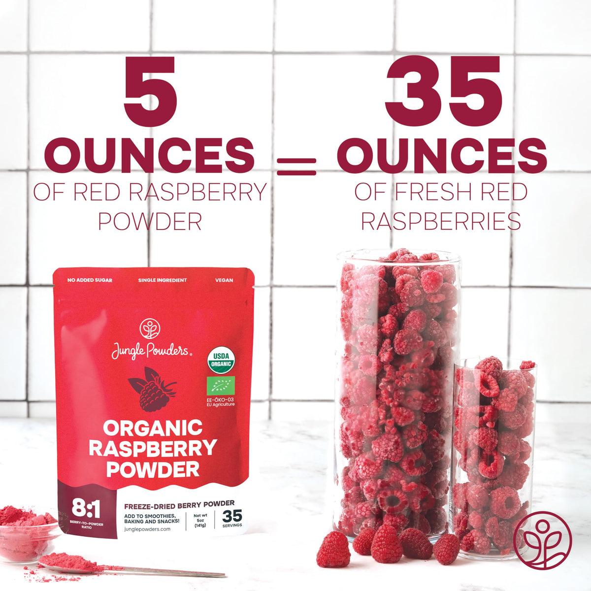 Jungle Powders raspberry powder scoop resting on bowl, boosts flavor in baking.