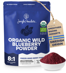Jungle Powders Wild Blueberry Powder bag showing Nordic organic freeze-dried berries for smoothies
