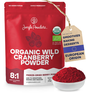 Jungle Powders Wild Cranberry Powder packaging showcases organic, shelf-stable flavor for baking.