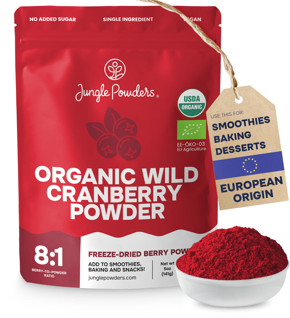 Jungle Powders Wild Cranberry Powder packaging showcases organic, shelf-stable flavor for baking.