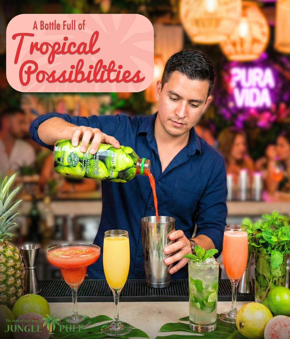 Cocktail idea featuring Jungle Pulp Guava Puree for Margaritas and Mojitos.