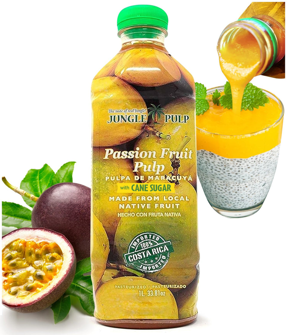 Jungle Pulp Passion Fruit Puree bottle close-up for premium tropical flavor base.