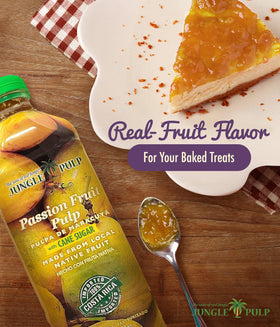 Jungle Pulp Passion Fruit Puree label close-up highlights cane sugar sweetness.