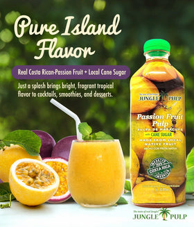 Jungle Pulp Passion Fruit Puree RPET bottle shows eco-friendly packaging.