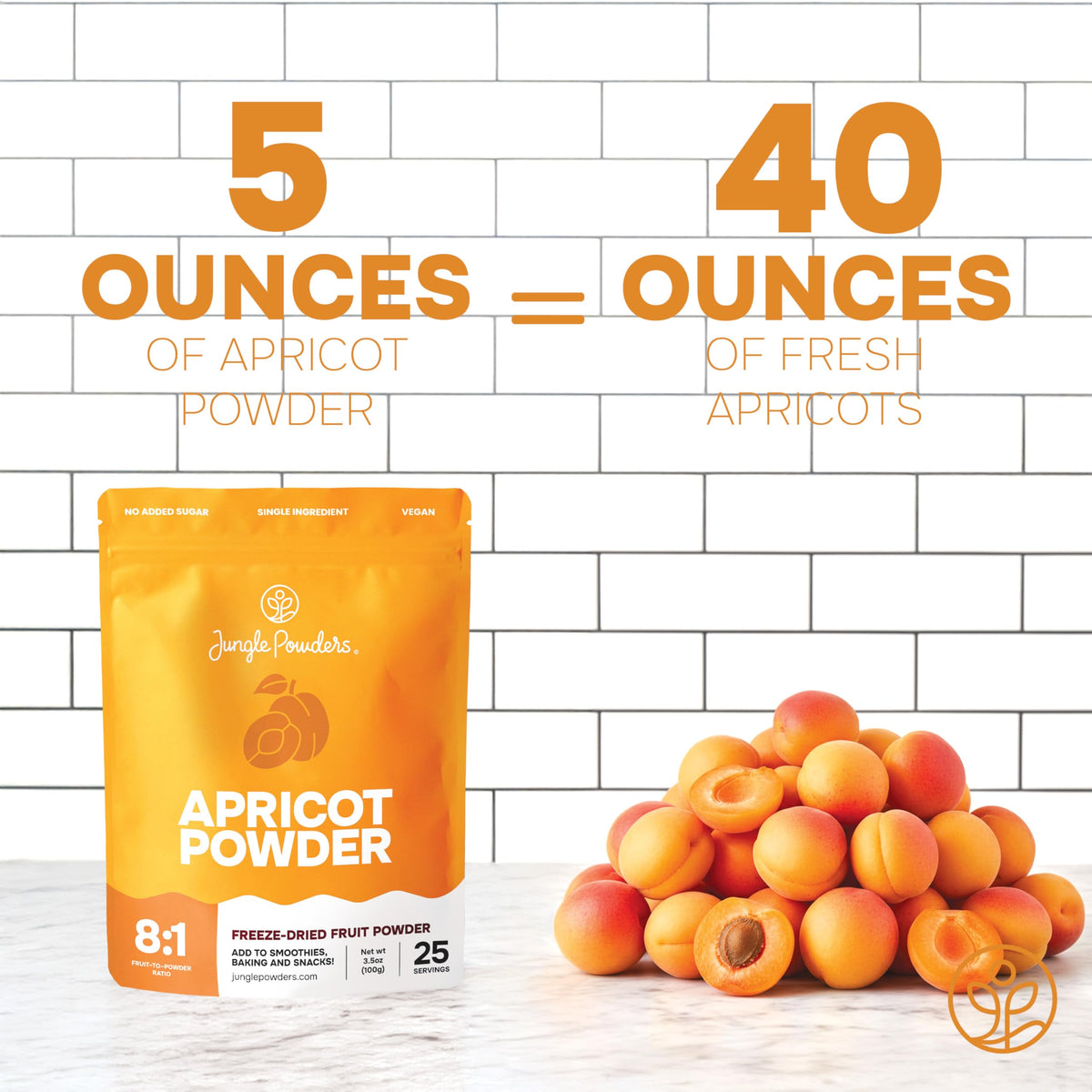 Jungle Powders apricot powder bag shows portable packaging for on-the-go recipes.