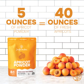 Jungle Powders apricot powder bag shows portable packaging for on-the-go recipes.
