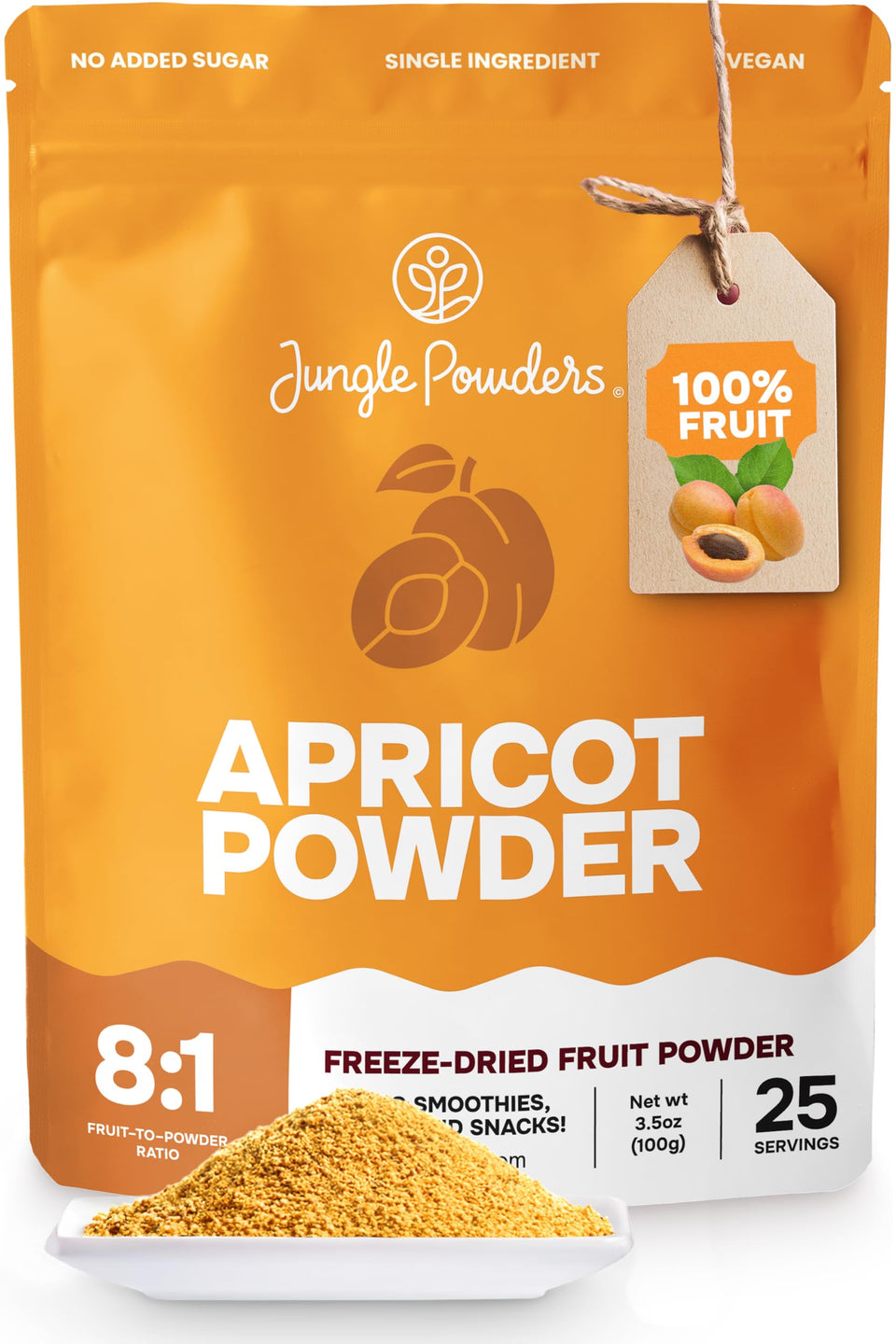 Jungle Powders apricot powder in a jar showing natural color and aroma for easy pantry use.